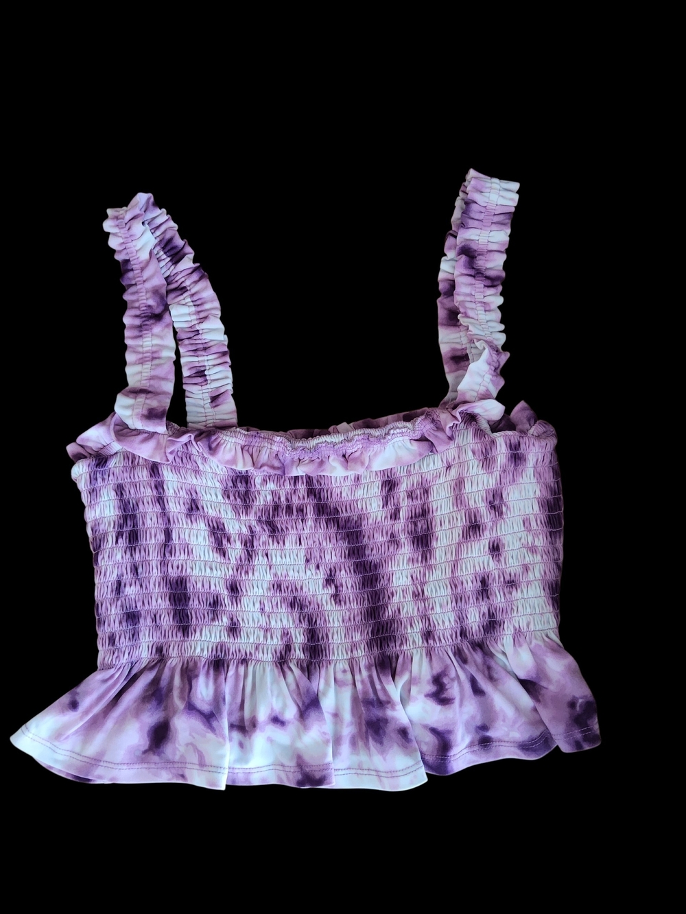 BCBGeneration Lavender Tie-Dye Smocked Ruffle Crop Top